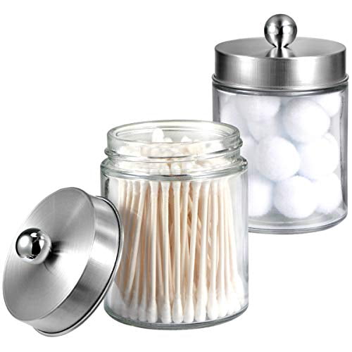 Rounds Bathroom Vanity Glass Storage Organizer Holder Canister Apothecary Jars for Cotton Swabs Balls Flossers,Bath Salts 2 Pack Clear Bronze Qtips,Makeup Sponges 